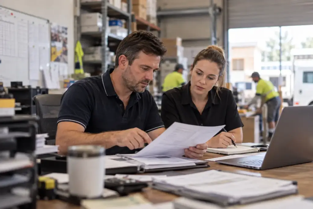 Australian construction business owner reviewing financial documents with his assistant in a busy warehouse office, illustrating accounting outsourcing for SMEs.