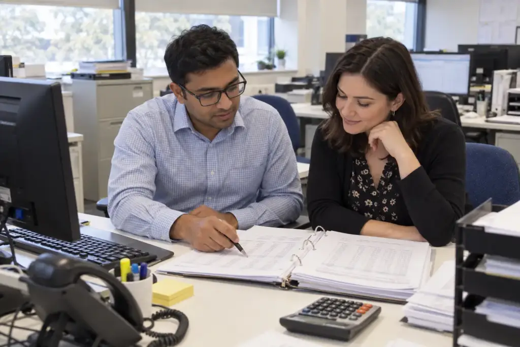 Two accounting professionals reviewing financial working papers together in an office.