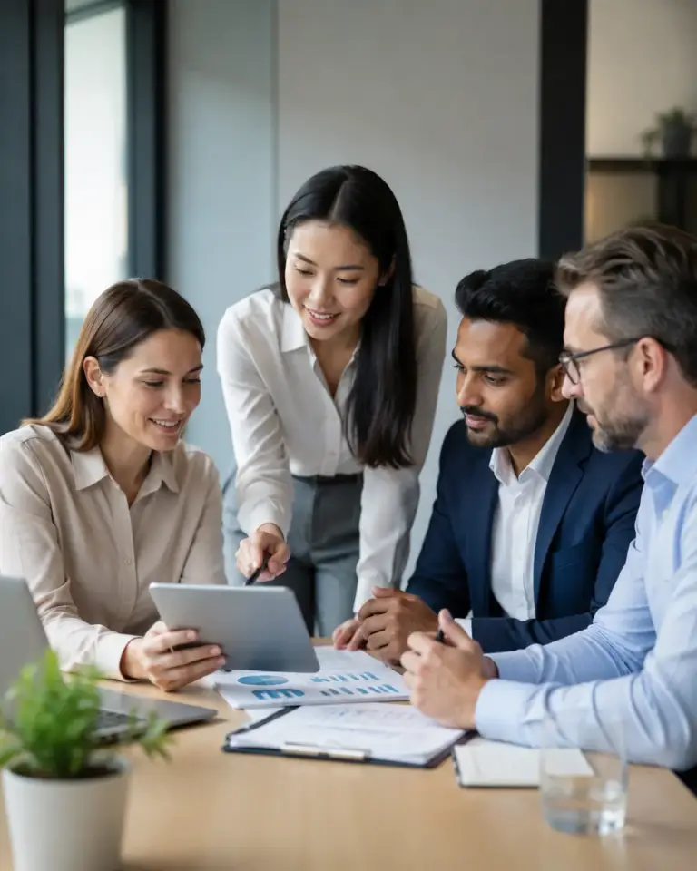 Australian accounting professionals reviewing SMSF accounting and administration documents in a modern office meeting.