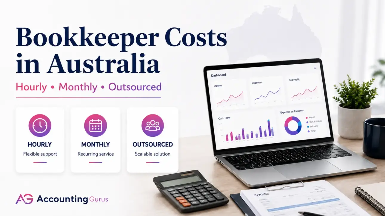 Featured image for Bookkeeper Costs in Australia showing bookkeeping cost categories including hourly, monthly and outsourced services with Accounting Gurus branding.