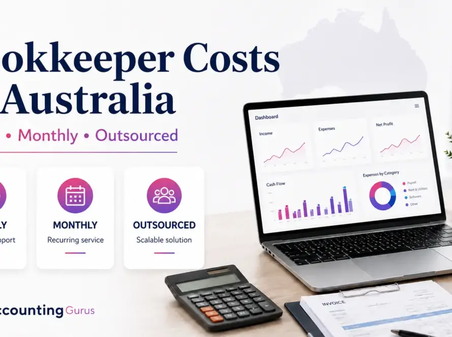 Featured image for Bookkeeper Costs in Australia showing bookkeeping cost categories including hourly, monthly and outsourced services with Accounting Gurus branding.
