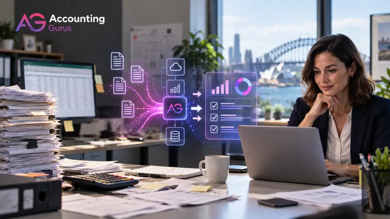 Business professional in an office speaking with an offshore accountant on a video call, representing an Employer of Record arrangement for an Australian accounting firm