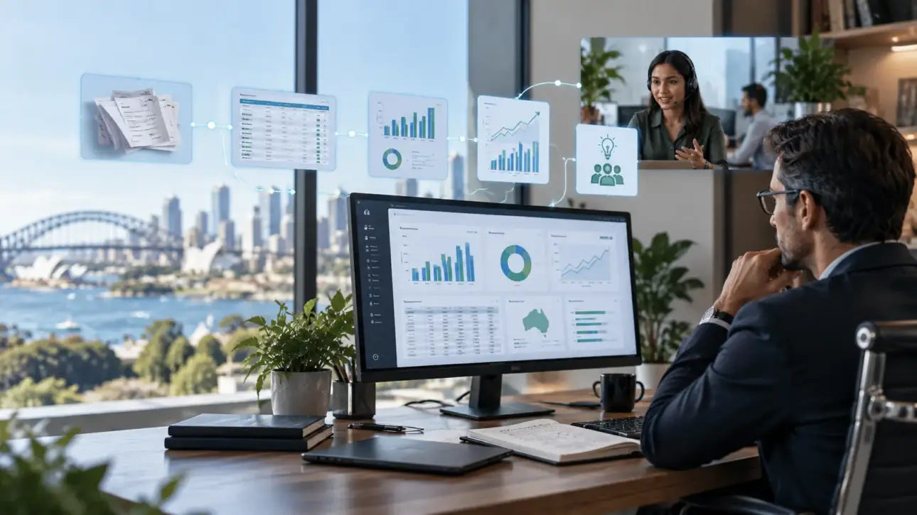 Finance manager collaborating with a remote finance team across financial workflows, reporting dashboards and strategic financial analysis
