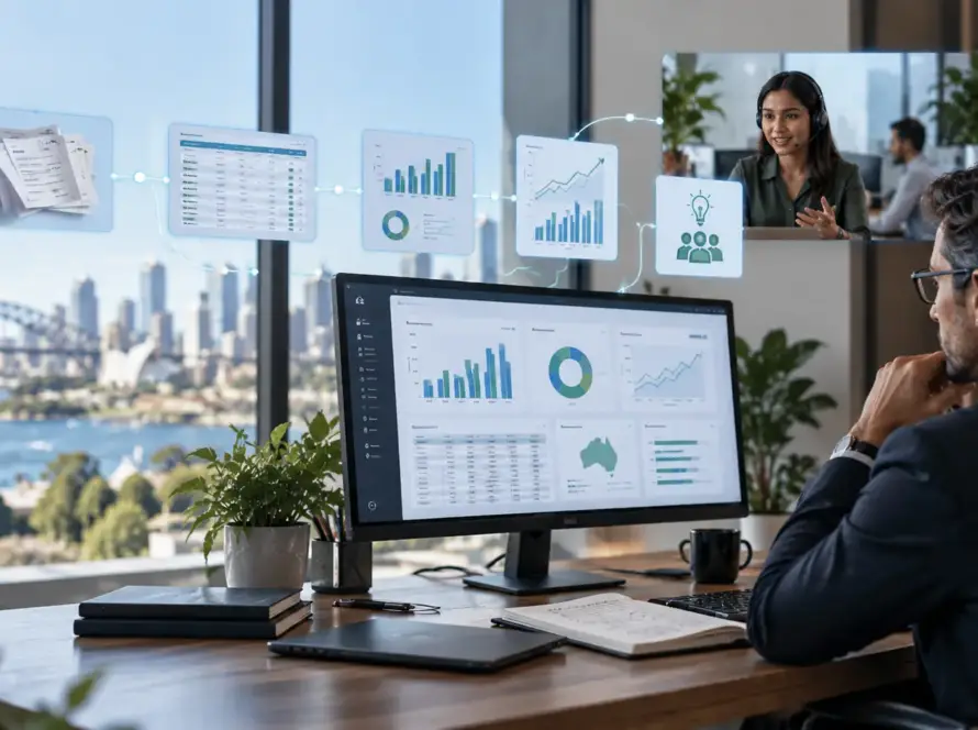 Finance manager collaborating with a remote finance team across financial workflows, reporting dashboards and strategic financial analysis