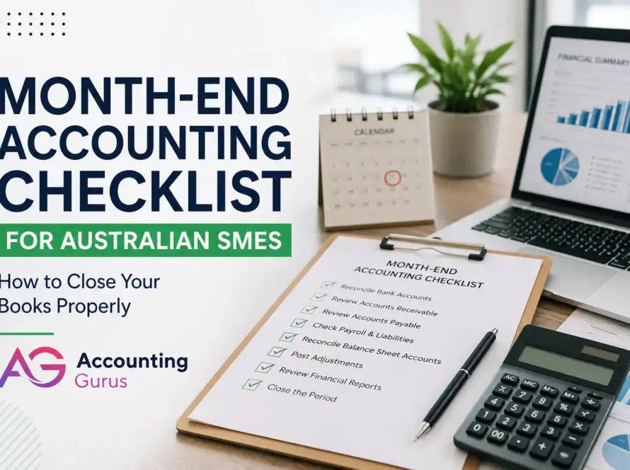Professional month-end accounting workspace with a financial checklist, calculator, laptop reports and calendar for an Australian SME