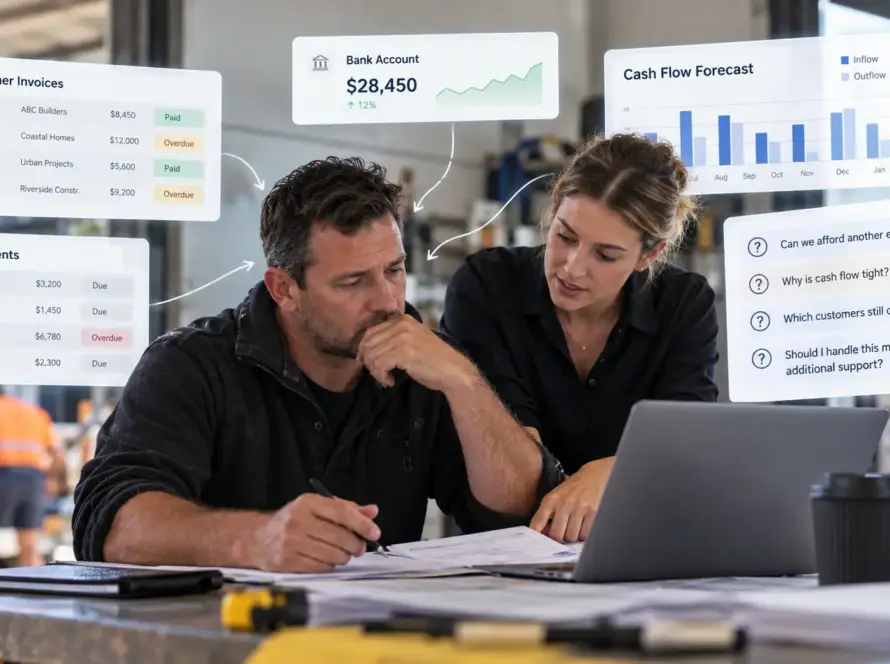 Australian SME owner reviewing overdue invoices, supplier payments and cash flow with an assistant, highlighting the need for an outsourced finance team alongside an existing accountant.
