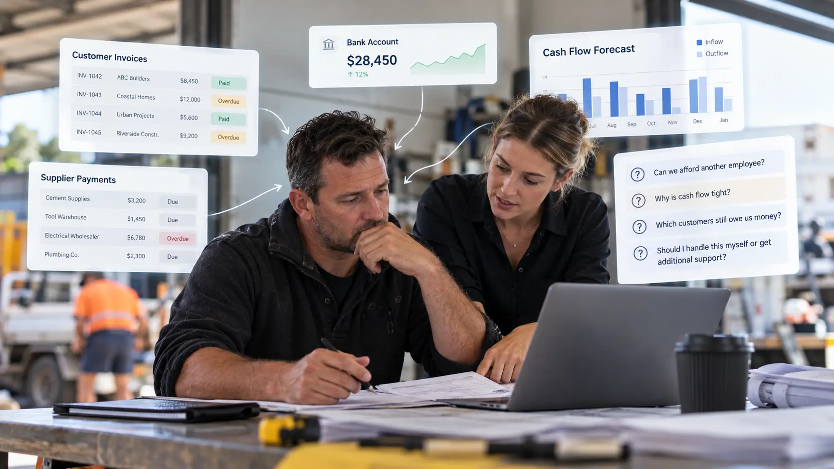 Australian SME owner reviewing overdue invoices, supplier payments and cash flow with an assistant, highlighting the need for an outsourced finance team alongside an existing accountant.