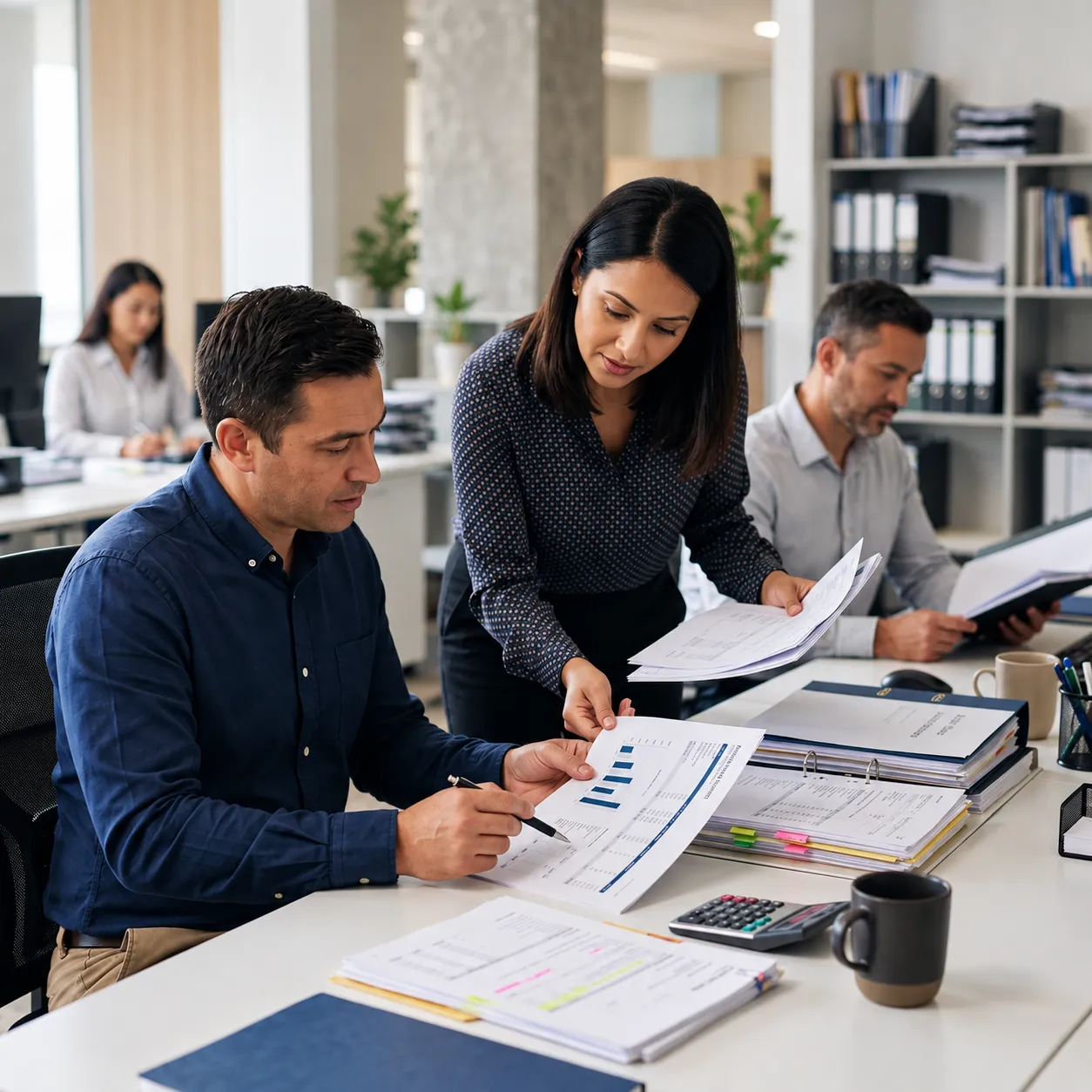 Accounting professionals reviewing financial reports and records as part of coordinated accounting operations.
