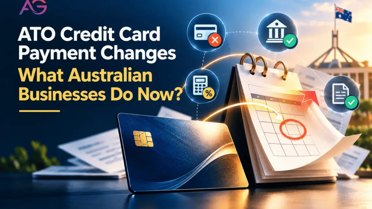 ATO credit card payment changes for Australian businesses, illustrated with a credit card, calendar deadline and payment icons.