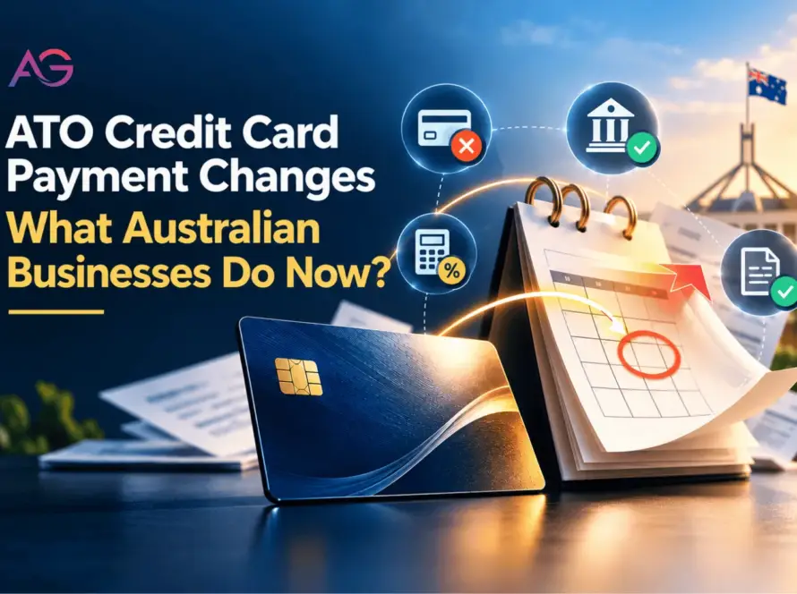 ATO credit card payment changes for Australian businesses, illustrated with a credit card, calendar deadline and payment icons.