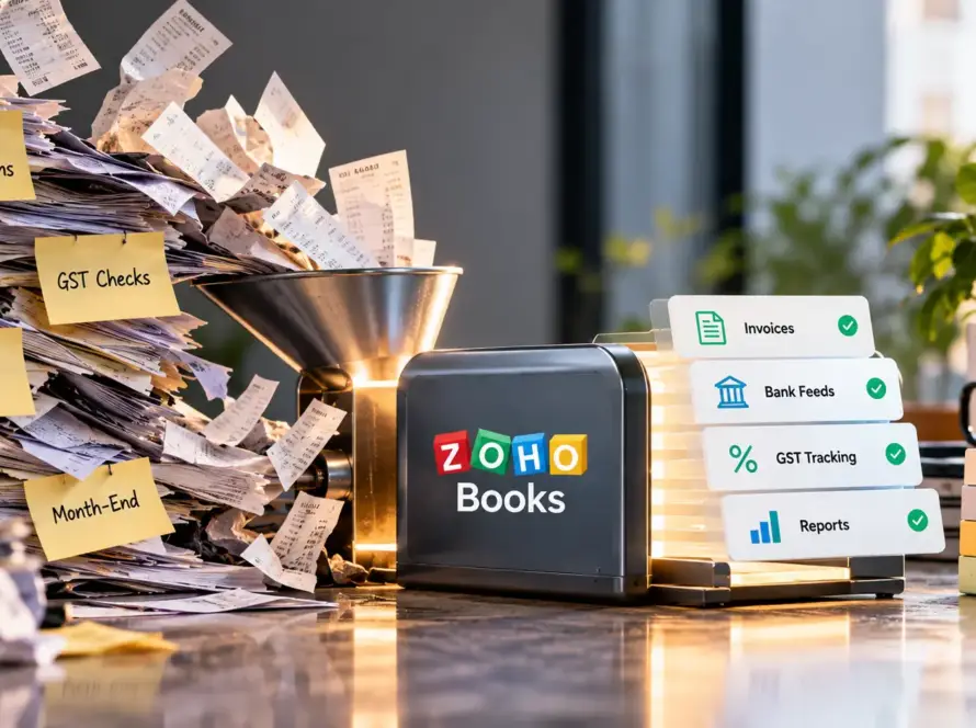 Zoho Books processing messy receipts and bookkeeping tasks into organised invoices, GST tracking and financial reports