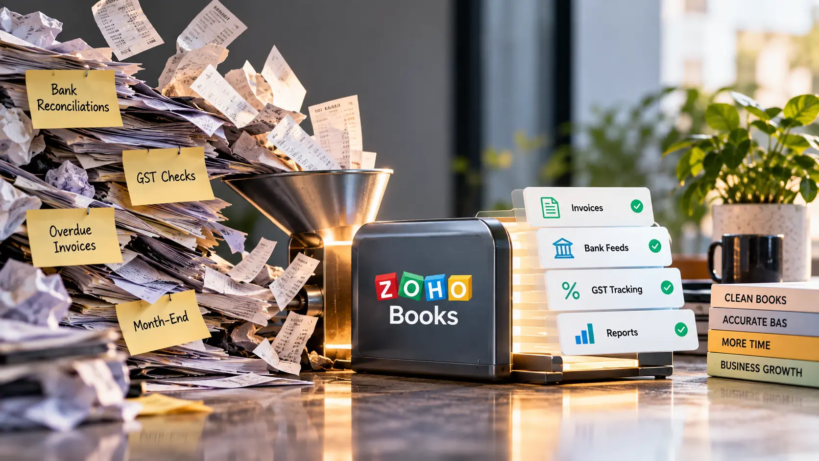 Zoho Books processing messy receipts and bookkeeping tasks into organised invoices, GST tracking and financial reports
